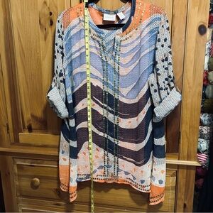 Chico’s large (2) blue/coral blouse with convertible sleeves/gold embellishments